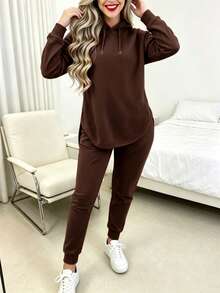 Tropvida Women's Solid Color Long Sleeve Drawstring Hooded Sweatshirt And Pants Casual 2 Pieces Set, Autumn - Coffee Brown - View 3