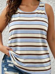 EMERY ROSE Plus Size Summer Casual Business Casual Simple Stripe Tank Top Beach Vacation Beige - Multicolor - View 3