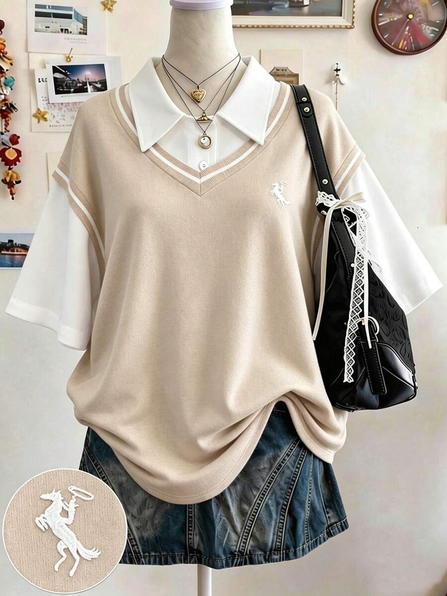 Lalippa 刺繡時尚簡約女款 Polo 領 T 恤,送給朋友的禮物 - 杏色 - 查看 1