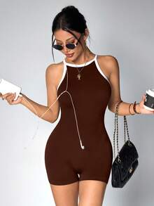 Slayform Macacão marrom sem costura, sem mangas e com costas abertas (1 peça), macio e confortável, ideal para exercícios, corrida, uso casual e ioga. - Castanho - Ver 5