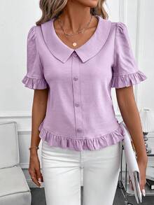 SHEIN Clasi 女款素色前扣短袖休閒上衣，日常穿搭，外出上衣，夏季女裝套裝 - 淡紫色 - 查看 5