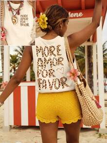 DrmWander Plus Size Women Leopard Print Letter Graphic Casual Tank Top - Apricot - View 1