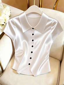 GlowEve Women's Elegant Solid Color Ruched Waist Satin Shirt, Summer - White - View 1