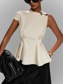 LYSMO Women's Elegant Casual Metal Buckle Waist Pleated Top Office Business Off-White Summer - Beige - View 4