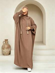 Al Najma Solid Color Loose Hooded Jilbab Abaya - Khaki - View 3