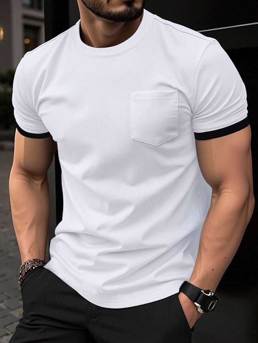 Manfinity Homme Men's Casual Daily Commute Simple Contrast Trim Pocket Short Sleeve T-Shirt, Summer, Holiday - White - View 1