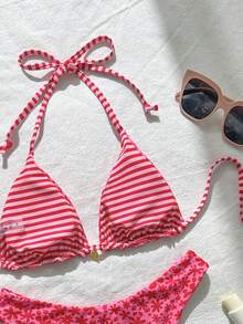 Swim Mod Women's Sweet Pink Floral Print Reversible Halter Bikini Set - Multicolor - View 6