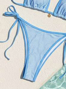Swim Mod Women's New Solid Color Triangle Cup Bikini Set, Sexy Tie-Up Contrast Color Swimwear 2 Pieces - Blue - View 5