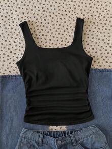 SHEIN Kamisol Rajut Hitam Elastis Tinggi untuk Remaja Perempuan, Kerah Persegi, Pinggang Berkerut, Pas Badan, Serbaguna - Hitam - View 7