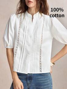 BizChic Blusa de mujer con parches de encaje, de un solo pecho, versátil y de moda - Blanco - Ver 2