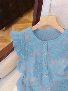 Muvela Blusa elegante de mujer de unicolor, cuello redondo, manga corta y bajo con volantes, para verano - Celeste - Ver 6