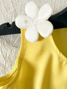 SHEIN Vintaside Kids Young Girl' Sleeveless Yellow Dress, Soft And Fresh With Pleated Dress Body, Decorated With 3D White Flower On Shoulder And Hem, Elegant And Cute For Outdoor, Casual, Holiday Wear In Spring And Summer - Yellow - View 6