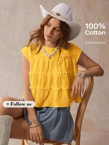 Freevana Plus Size Solid Color Ruffle Collar Casual Summer Shirt - Yellow - View 8