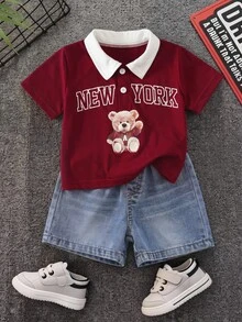 SHEIN 2件/組 嬰兒男童夏季休閒可愛紅色 Polo 衫 & 藍色牛仔短褲，Polo 套裝，牛仔套裝，可愛套裝，正式套裝，嬰兒男童套裝 - 彩色 - 查看 1