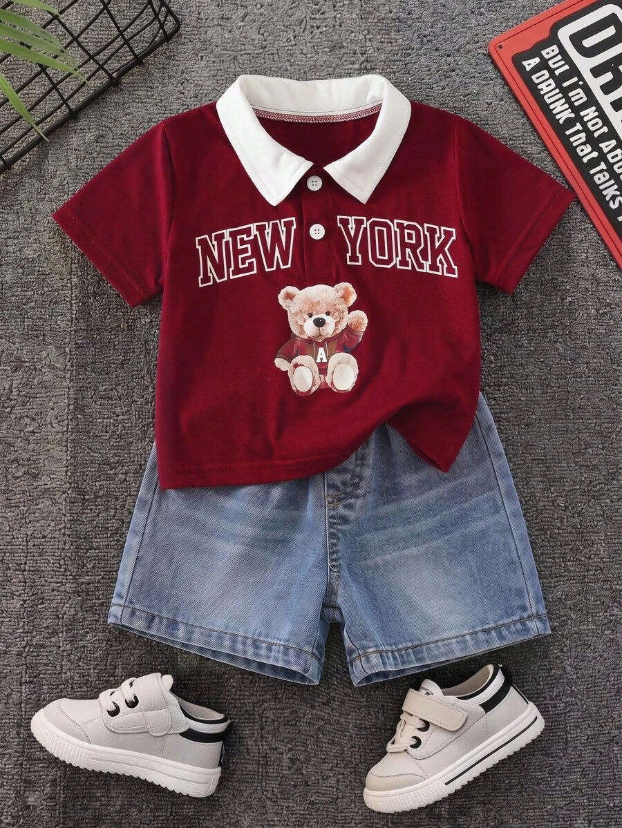 SHEIN 2件/組 嬰兒男童夏季休閒可愛紅色 Polo 衫 & 藍色牛仔短褲,Polo 套裝,牛仔套裝,可愛套裝,正式套裝,嬰兒男童套裝 - 彩色 - 查看 1