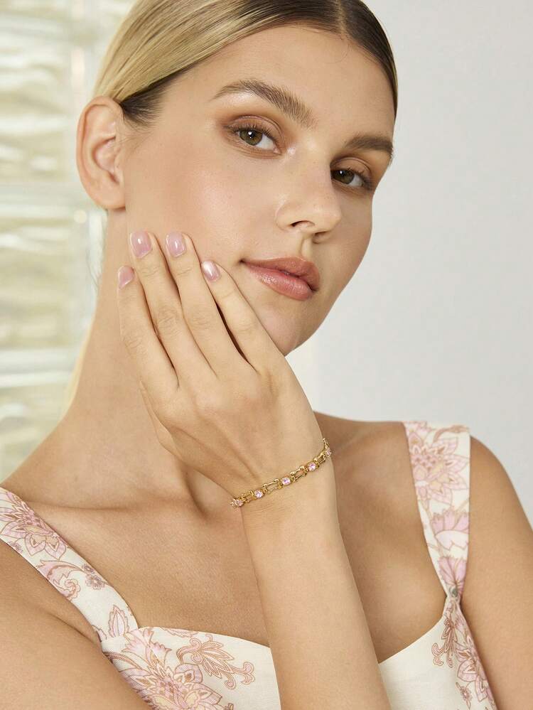 Pre18k Gold-Plated Pink Gemstone Geometric Splicing Temperament Simple Bracelet