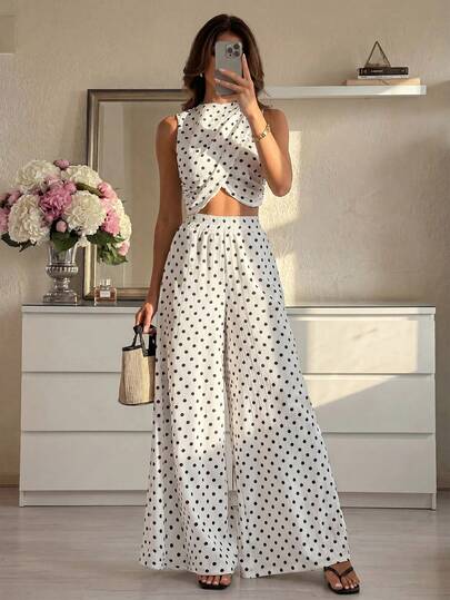 SHEIN Ivoren tweedelige set met stippen, bestaande uit een crop top met gedraaide voorkant en een wijde broek, mouwloze zomerse co-ord outfit, vintage chique statement ensemble, outfit voor een avondje uit
