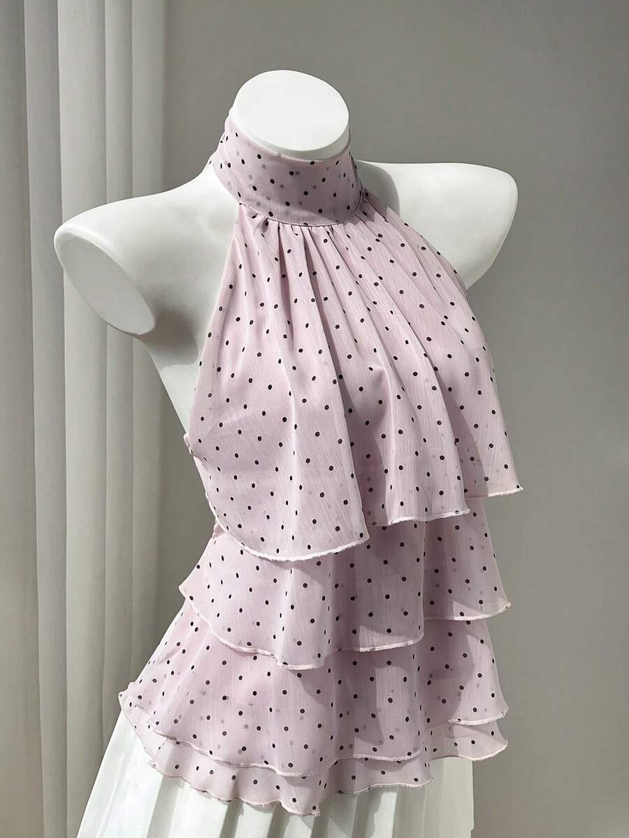 Elamini 女款春夏休閒度假風荷葉邊拼接四層雪紡圓點面料優雅顯瘦綁帶襯衫,適合海灘穿著 - 淺粉色 - 查看 1