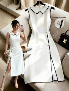 SHEIN Franclia 女士优雅夏季休闲简约金属装饰领开衩撞色连衣裙，适合日常通勤 - 黑與白 - 查看 3