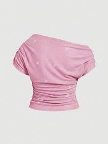 SHEIN MOD Plusstorlek damtopp med metalltråd, stickad blus med asymmetrisk axel, topp med glansigt tyg, vår/sommar - Rosa - Visa 2