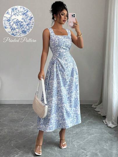Rafferiza Women's French Style Vacation Blue Floral Print Pleated Sleeveless Dress