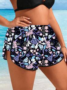 Swim Lushoire Celana Pendek Pantai Motif Bunga Ukuran Besar untuk Wanita, Cocok untuk Liburan - Hitam - View 4