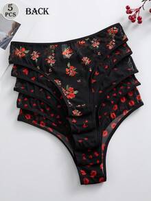 SHEIN 5件套浪漫爱心花卉网纱性感舒适百搭女士内裤 - 彩色 - 查看 3