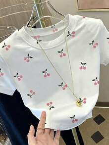 Resyla Kaos Lengan Pendek Kasual Wanita Motif Ceri, Cocok untuk Liburan Musim Panas dan Perjalanan Sehari-hari - Berwarna merah muda - View 4