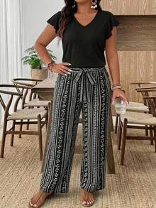 SHEIN Frenchy 两件套加大码女式波西米亚风黑色纯色上衣搭配黑白条纹长裤，时尚新款式，适合春夏户外穿着 - 黑色 - 查看 2