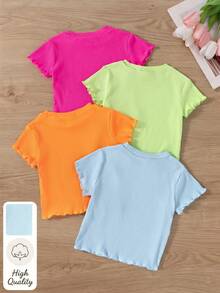 SHEIN Elladie kids 4 chiếc áo thun ngắn tay cổ tròn màu trơn phong cách dopamine trẻ trung cho bé gái, phù hợp mặc mùa hè - Nhiều màu - Xem 2