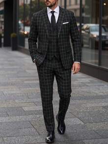 Manfinity Bizformal Men's Stand Collar Long Sleeve Blazer And Pants 2 Pieces Formal Suit Set For Casual Commuting , Ceremony - Black - View 5