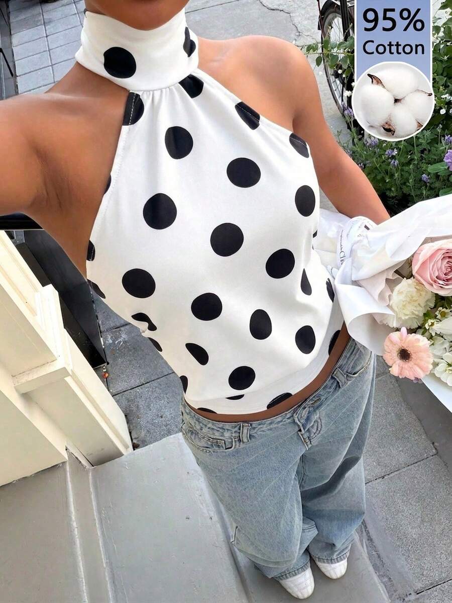 Muchica 休闲简约白色背景黑色波点舒适纯色女士吊带背心,适合春夏穿着 - 白色 - 查看 1