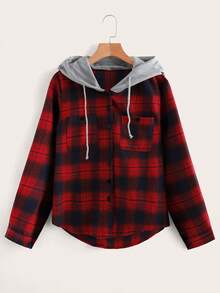 GlowEve Casual Plaid Patchwork Hooded Shirt, Autumn, Christmas - Red - View 3