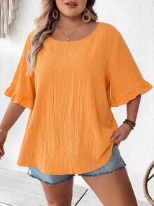 SHEIN CURVE+ 大码女式卡其色荷叶边短袖衬衫，宽松休闲下摆，适合日常及度假穿着，夏季，曲线身材，Hoho Vacationsummer/乡村/海滩度假装/海滩装/沙滩服饰 - 亮橙色 - 查看 3