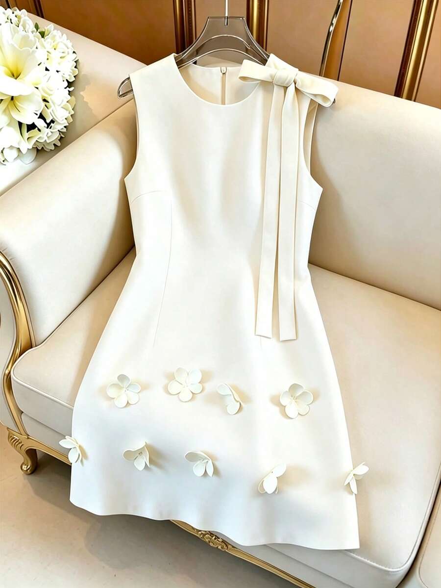 GlowEve Women's French Elegant Cream White Floral Petal Sleeveless Dress,Summer White Bowknot Dress With 3D Flower Design,Suitable For Date,Parties,Holiday