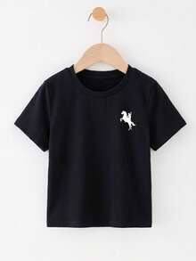 Young Boys' Casual Minimalist Round Neck T-Shirt, Suitable For Summer - Black - View 6