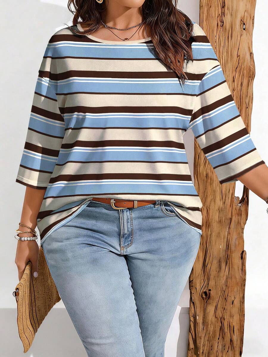 EMERY ROSE Plus Size Women Casual Striped Print Drop Shoulder T-Shirt, Suitable For Summer Wear - Multicolor - View 1