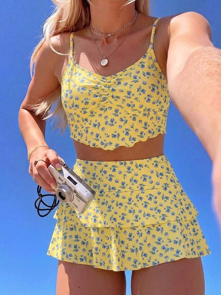 SHEIN 夏季碎花吊带上衣和印花迷你裙两件套,女士度假装 - 彩色 - 查看 1