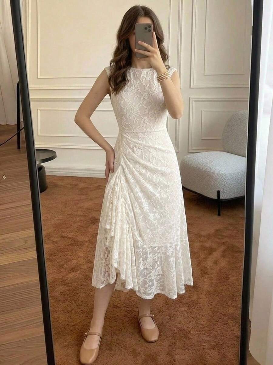 SHEIN 少女纯色无袖荷叶边蕾丝修身连衣裙长款晚礼服,优雅,适合派对、约会、重要家庭聚会 - 杏色 - 查看 1