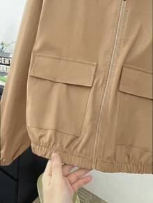 SHEIN Teen Girl Woven Solid Color Pocket Loose Casual Hooded Jacket - Khaki - View 8