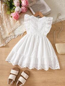 SHEIN Vintaside Kids 女童白色純色圓領荷葉袖洋裝，適合夏季、婚禮、旅行，花童仙女風 - 白色 - 查看 3