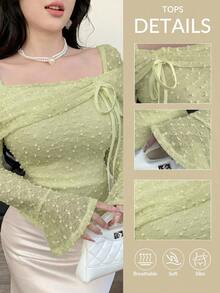 Feyla Women Elegant Square Neck Sheer Dot Mesh Top Long Bell Sleeve Breathable Blouses - Yellow - View 4