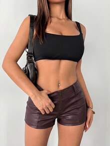 SHEIN PETITE Quần short nữ màu trơn, khóa kéo phía trước, kiểu dáng thường ngày, quần short siêu ngắn. - Cà phê nâu - Xem 3