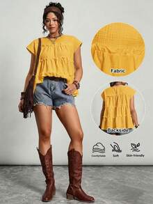 Freevana Plus Size Solid Color Ruffle Collar Casual Summer Shirt - Yellow - View 4