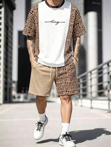 Sorvial 2pcs/Set Men's Casual Geometric Color Block Patchwork Print T-Shirt Set, Holiday - White - View 6