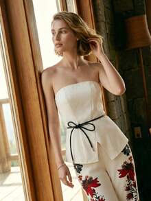CAJUNI Women's Summer Elegant Waist Belt Bandeau Top With Slit - Cream - View 6