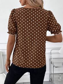 SHEIN Clasi 女款泡泡袖波點對比飾邊荷葉領優雅襯衫 - 咖啡棕 - 查看 2