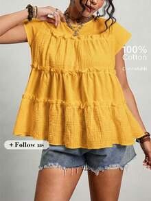 Freevana Plus Size Solid Color Ruffle Collar Casual Summer Shirt - Yellow - View 1