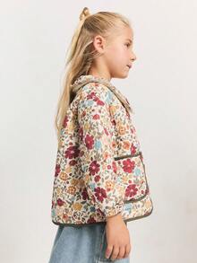 SHEIN Maija Kids 年轻女孩碎花绗缝加厚领长袖夹克，可爱乡村风格 - 棕色 - 查看 5