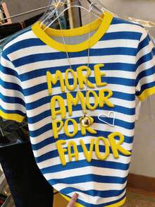 DrmWander Kaos Kasual Lengan Pendek Leher Bulat Motif Huruf & Garis untuk Wanita Ukuran Besar - MultiWarna - View 4